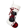 Cream Christmas stocking with black puppy silhouette and red plaid bow detail - Dog Style