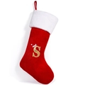Christmas stocking in red velvet with white plush trim and golden embroidered letter S - Style S