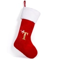 Red velvet Christmas stocking with white faux fur trim and gold sequin letter T - Style T