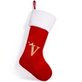 Red velvet Christmas stocking with white plush trim and golden letter V embroidery - Style V
