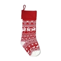 Red and white knitted Christmas stocking featuring elk and snowflake jacquard patterns - Red
