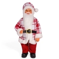 Staande Kerstman pop in rood-wit geruite outfit met gouden bril en zwarte leren laarzen - Rood Wit Geruit