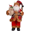 Staande Kerstman in rood-zwart geblokte jas met bonttrim en jute geschenkzak - Kerstman met Tak