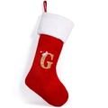 Christmas stocking in red velvet with white fur trim and golden glitter letter G - Style G