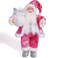 Staande Kerstman in roze fluweel met imitatiebont rand en een zilveren lantaarn - Roze Kerstman