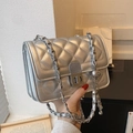 Silver metallic quilted chain crossbody bag with a refined diamond pattern finish - Silver