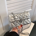 Chic silver quilted chain square bag with metallic finish and rotary lock closure - Silver