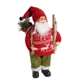 Standing Santa figurine in red knit reindeer sweater with wooden skis and burlap bag - Red Knitted Santa