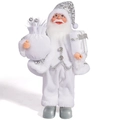Standing Santa Claus doll in white and silver suit holding a gift bag and box - White Silver Santa