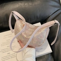 Pink crescent shoulder bag with abstract floral jacquard pattern and slim strap - Purple