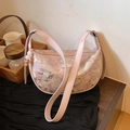 Pink crescent shoulder bag with abstract jacquard texture and beaded keychain - Pink