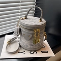 Bolso cilíndrico de jacquard floral gris con asa de cuero y cremallera dorada - Gris