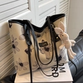 Beige floral canvas tote bag with black leather straps and a cute rabbit pendant - Khaki Black With Pendant