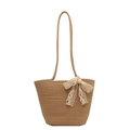 Minimalistische braune Web-Schultertasche für Damen mit zarter weißer Spitzenschleife - Khaki