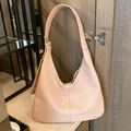 Minimalist large leather hobo shoulder bag in soft nude pink with pebbled texture - Pink