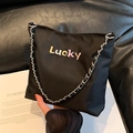 Black Oxford cloth shoulder bag with Lucky embroidery and metal chain strap - Black