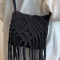 Black macrame crossbody bag with tassel fringe and geometric woven diamond texture - Universal Specification / Black