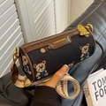 Sac cylindrique de style français avec jacquard d'ours et finitions en cuir brun - Noir