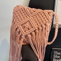 Pink macrame crossbody bag with long fringes and woven shoulder strap for summer beach - Universal Specification / Pink
