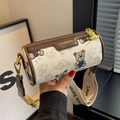 Sac bandoulière cylindrique en toile avec imprimé ours et sangle large - Marron
