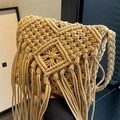 Beige macrame straw shoulder bag with geometric woven patterns and long fringe tassels - Universal Specification / Khaki
