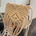 Creamy white handmade macramé straw shoulder bag with long fringe and woven straps - Universal Specification / Off White