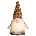 Kerstkabouter pop met gouden pailletten muts en warm wit LED verlichte baard - Geel