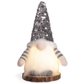 Lichtgevende kerstkabouter met zilveren pailletten hoed en houten boomstamvoet - Grijs
