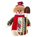 Knitted snowman plush ornament with floral embroidery holding a decorative wooden shovel - Snowman