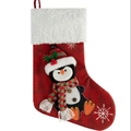 Calza natalizia rossa con bordo in peluche bianco e pinguino 3D con cappello a righe - Pinguino (ML-O1074D)