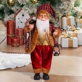 Detailed close-up of 18-inch standing Santa Claus doll with red plaid coat and lamp - Red Gold