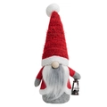 Christmas gnome doll with red knitted hat, grey beard, and vintage black lantern accessory - Red Knitted Hat Style