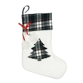 Calcetín navideño de felpa blanca con árbol de cuadros verdes y lazo rojo - Estilo Árbol de Navidad Verde