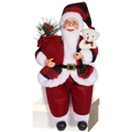 12-inch sitting Santa Claus doll with red plaid suit and white bear in a gift bag - Santa Claus With Bear