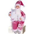 Zittende kerstman van roze fluweel met zilveren cadeauzak en witte lantaarn, 12 inch - Roze Kerstman