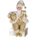 12-inch zittende kerstman in gouden satijnen gewaad met witte pluchen bies en zak - Gouden Kerstman