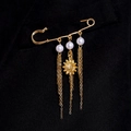 Golden punk style safety pin brooch with sun pendant and pearls on black blazer - Sun Face Relief Style (KC Gold 5573)