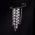 Silver safety pin brooch with long metal tassels and faux pearls on black suit jacket - Long Tassel Elliptical Pearl Style (Silver 5571)