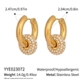 Pendientes de aro en acero inoxidable chapado en oro 18K con bola de cristales pavé móvil - Estilo Strass Blanco (YYE023072)