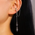 Silver star ear cuff with zircon chain and dangling pendants for a layered boho look - Micro Star Chain Tassel Style (9628)