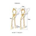 Boucles d'oreilles nœud doré avec chaînes à pompons et perles d'eau douce naturelles - Yye023321