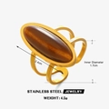 Gold stainless steel oval ring with Tiger Eye stone inlay and cutout band design - Brown Ring (Tiger Eye Texture)