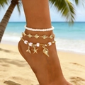 Juego de tobilleras bohemias con estrellas de mar y conchas para vacaciones en playa - Juego de Tres Piezas Cola de Pez (X658) / Dorado