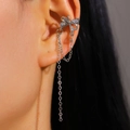 Silver bow ear cuff with zircon stones and long tassel chain fringe for non-pierced ears - Bowknot Pave Long Tassel Style (DZ-566)