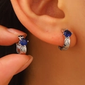 Klein blue zircon hoop earrings with heart-shaped drop and engraved X pattern detailing - Blue Round Stone X-Pattern Ear Hoop (Blue 2pcs)
