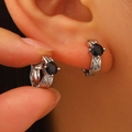 Silver hoop earrings with black zircon stone inlay and embossed pattern texture - Black Round Stone X-Pattern Ear Hoop (Black 2pcs)