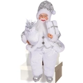 12-inch sitting Santa Claus figure in white and silver velvet with gift box and bag - White Santa