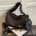 Large black nylon shoulder bag with wide strap and detachable mini pouch accessory - Black