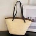 Bolso tote de tejido crema con ribete marrón oscuro y asas de cuero negro - Blanco Roto