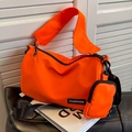 Vibrant orange nylon large-capacity crossbody bag with matching round coin purse - Orange